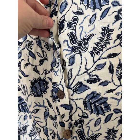 Rachel Zoe 100% Linen Button Back Top Size M Blue White Floral Boho Coastal - Picture 5 of 5